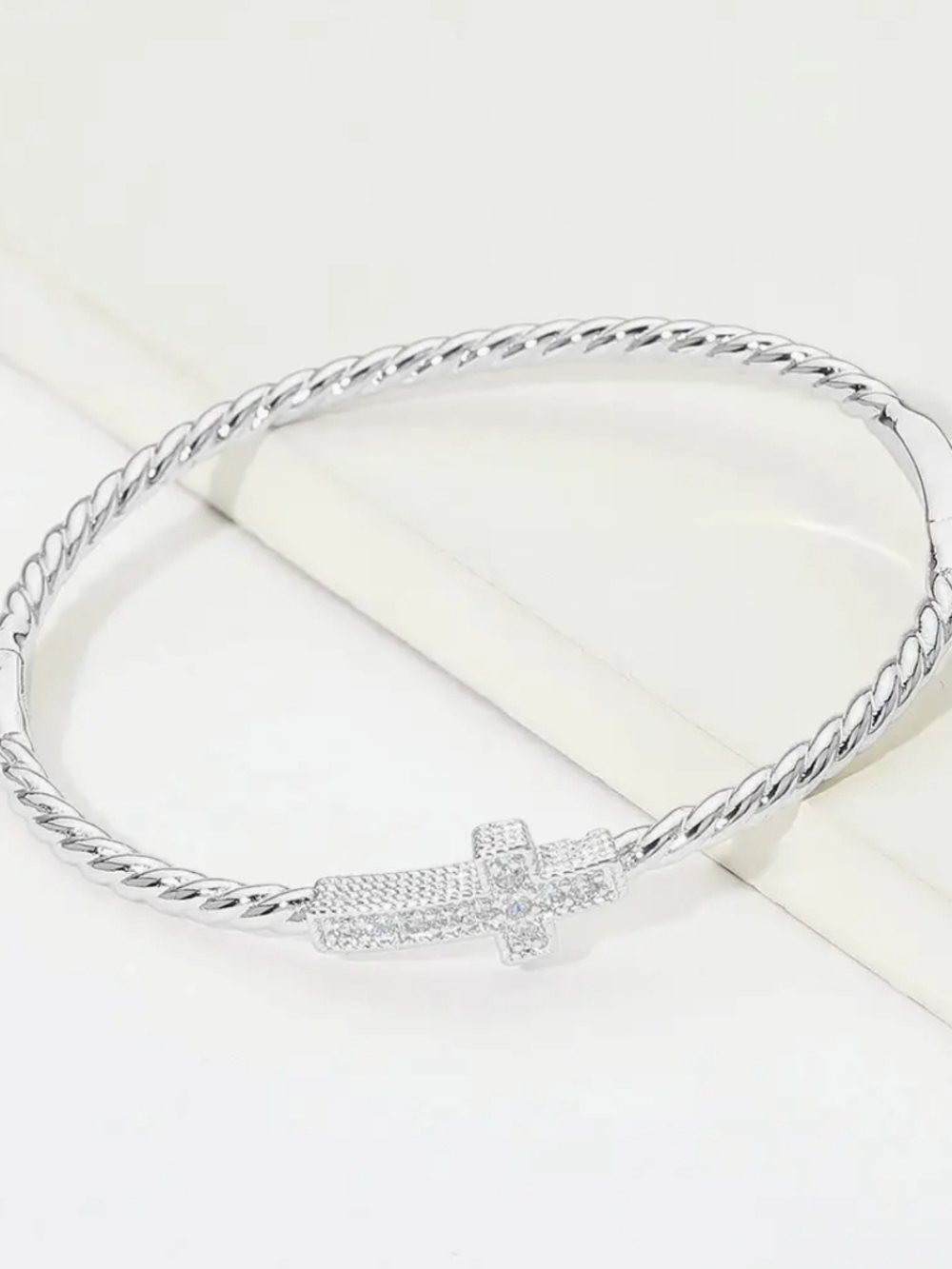 Silver-Tone Twisted Cable Bracelet with Pave Cross Accent